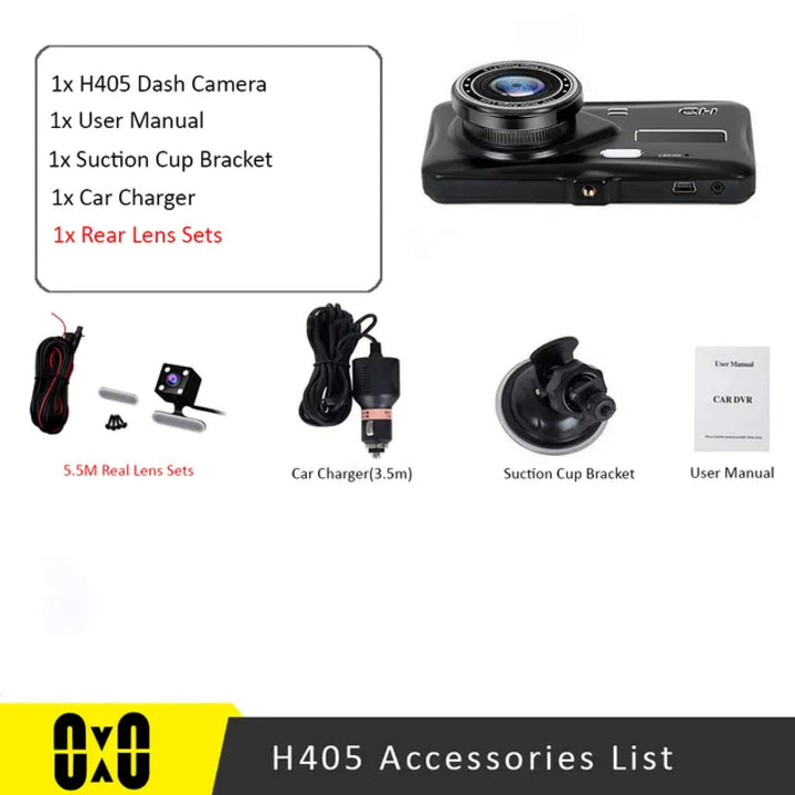 Interfaz de usuario de cámara dash auto 1080p, gran angular, mostrando opciones de grabación dual y visión nocturna.