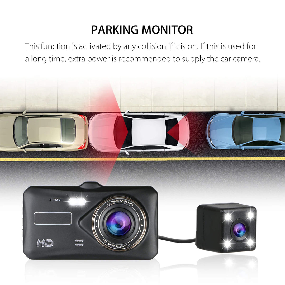 Caja de dash cam doble 1080p con gran angular, destacando grabación dual, visión nocturna y sensor G para seguridad.
