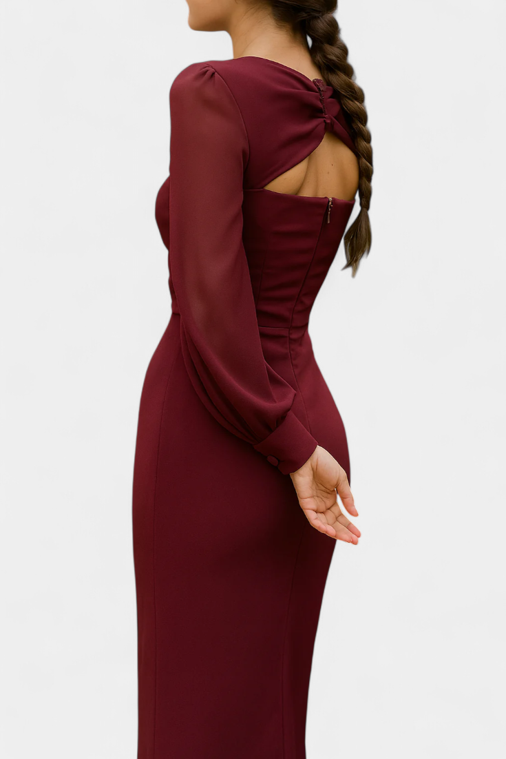 Vestido burdeos de fiesta para mujer, corte midi, escote atado y espalda descubierta. Perfecto para eventos elegantes.
