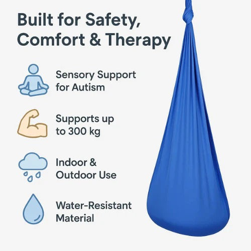 Niño en hamaca sensorial, mejora concentración y equilibrio. Ideal para terapia de autismo.