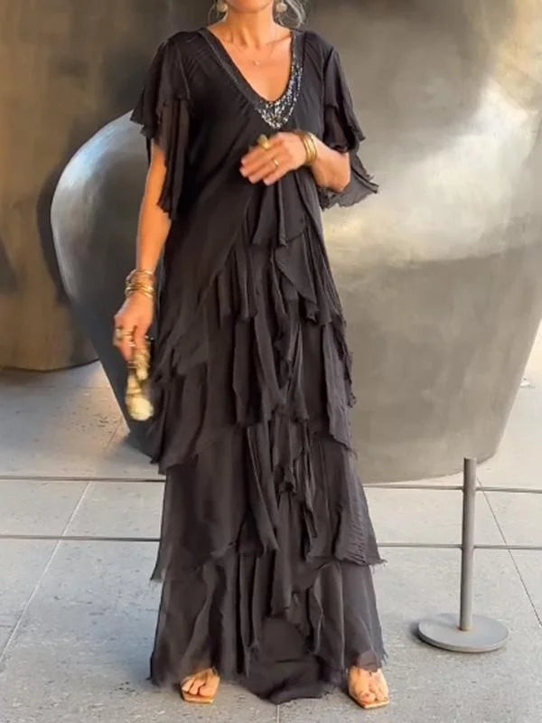 Vestido largo floral fluido para mujer, ideal verano/primavera, escote V, manga corta. Elegancia y comodidad.