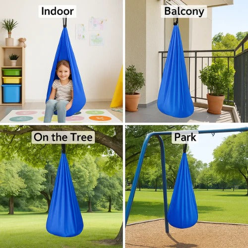 Hamaca sensorial colgante para interior, espacio seguro y relajante para niños con autismo.