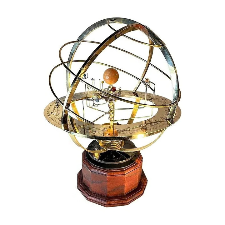 Modelo educativo de sistema solar mecánico de latón hecho a mano. Pieza de astronomía vintage, ideal para regalo único.