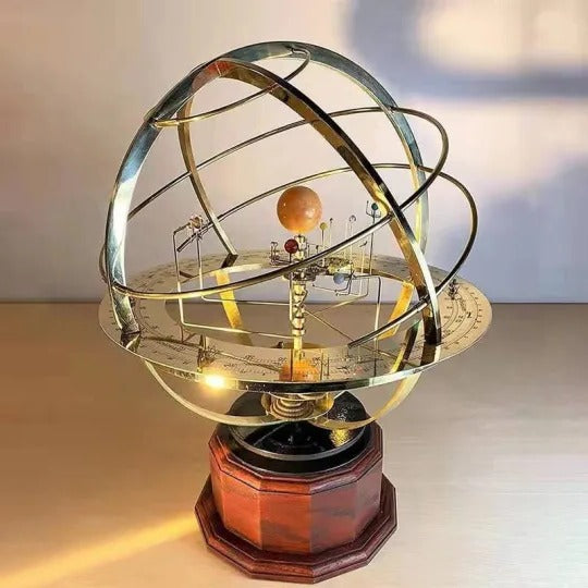 Modelo mecánico de sistema solar de latón vintage, con 5 planetas. Arte celestial para decoración de hogar y oficina.