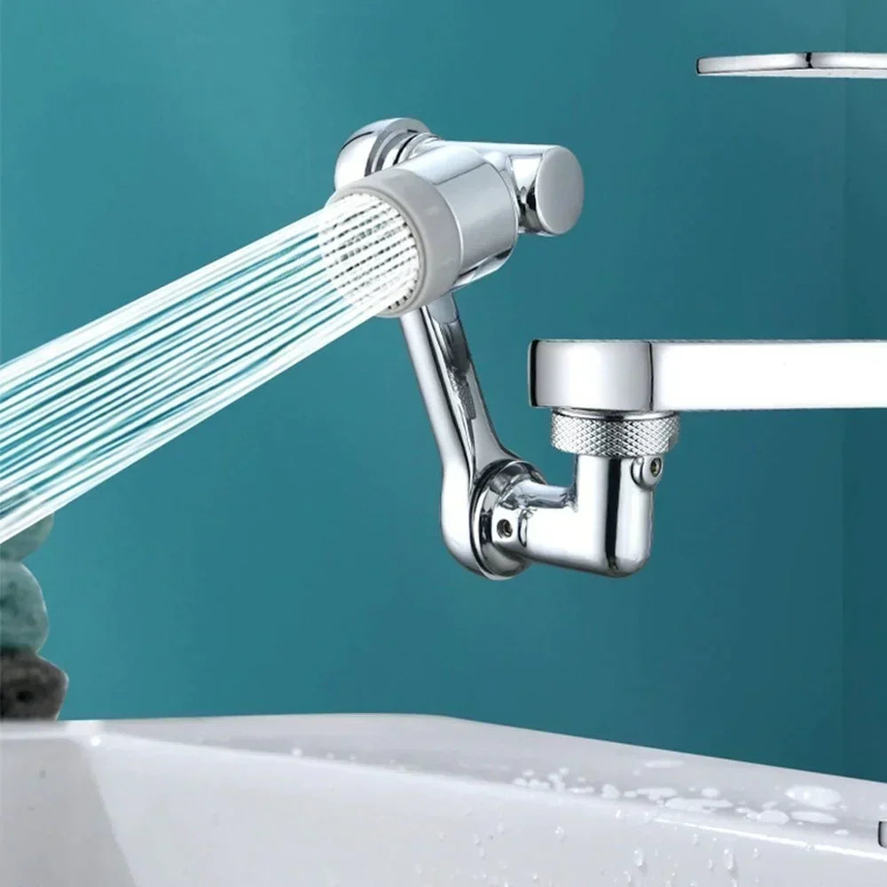 Grifo giratorio 1080° para cocina y baño con doble chorro, ideal para lavado y limpieza profunda.