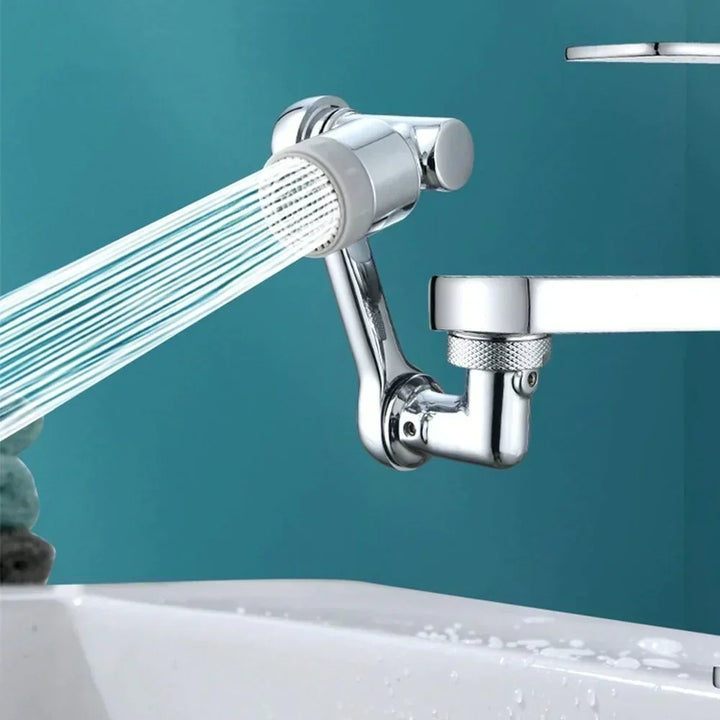 Grifo giratorio 1080° para cocina y baño con doble chorro, ideal para lavado y limpieza profunda.
