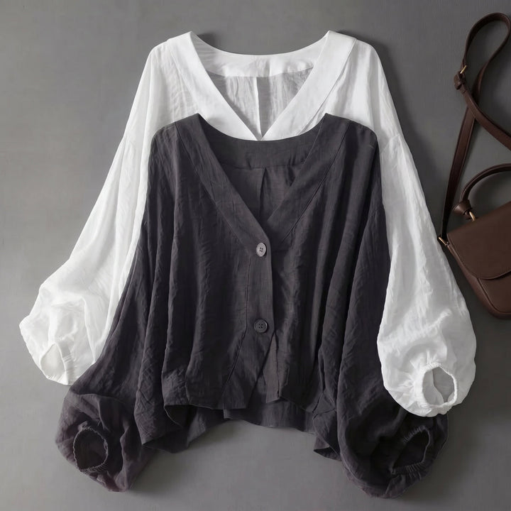 Blusa de moda para mujer con escote V y mangas globo. Diseño fresco y sofisticado para primavera-verano.