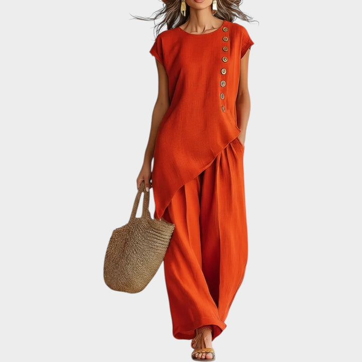 Conjunto de lino fluido asimétrico para mujer, ideal para verano. Estilo casual y elegante, con botones.