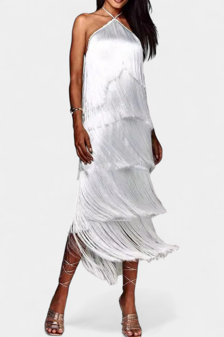 Vestido de fiesta para mujer, espalda abierta y flecos, perfecto para gala, cóctel o celebración.