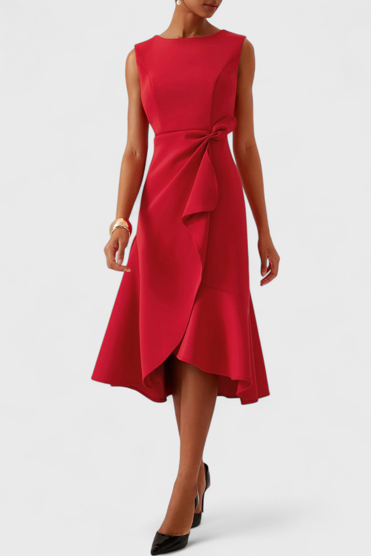 Vestido de cóctel midi asimétrico para mujer, ideal para gala y fiesta elegante.