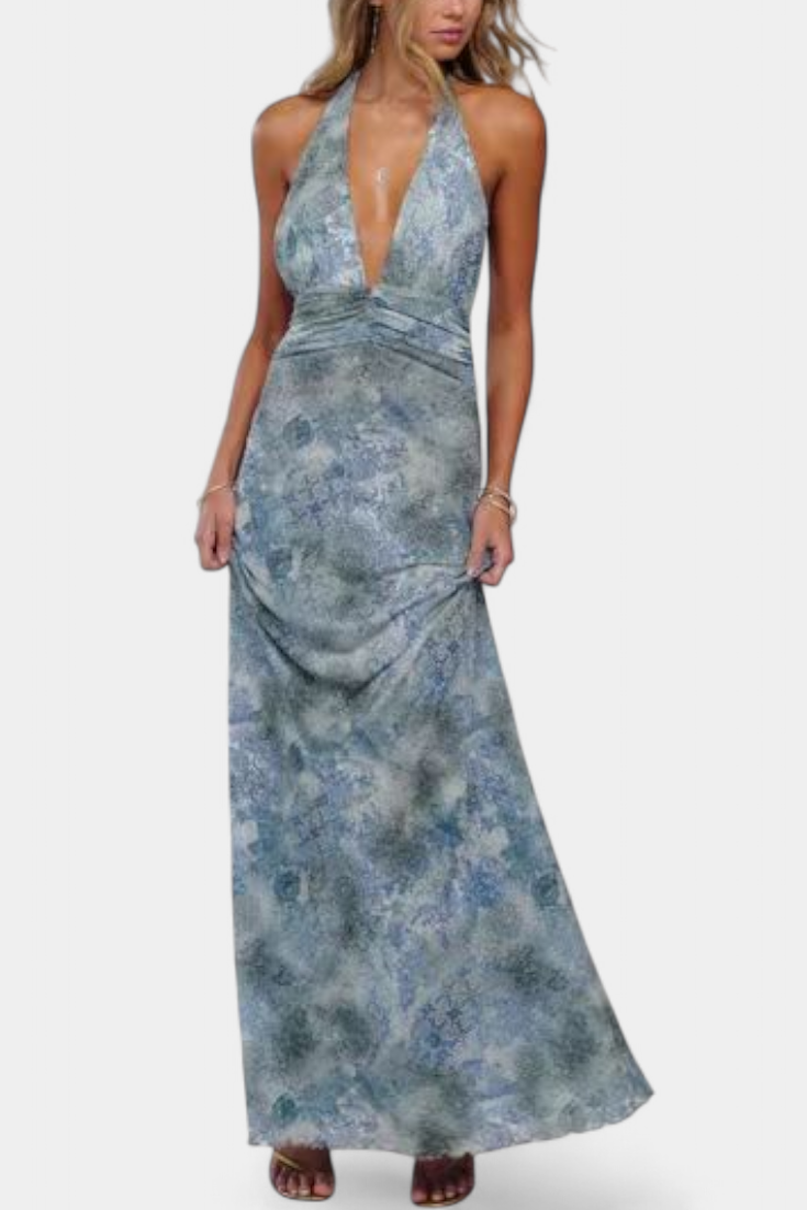 Vestido maxi halter para mujer, estampado de lunares, estilo bohemio y casual, perfecto para el verano.