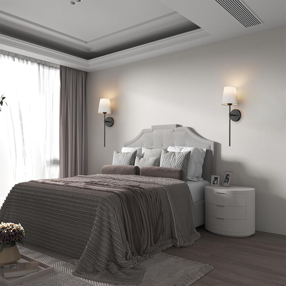 Luz de pared inalámbrica de tela en oro, negro o plata. Juego de 2 con bombillas gratis.