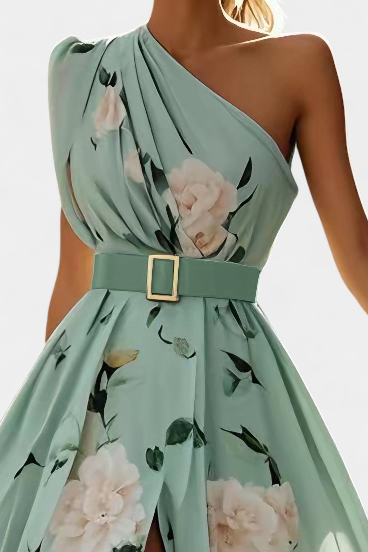 Vestido de mujer elegante floral con un hombro, volantes y abertura lateral, perfecto para ocasión especial.