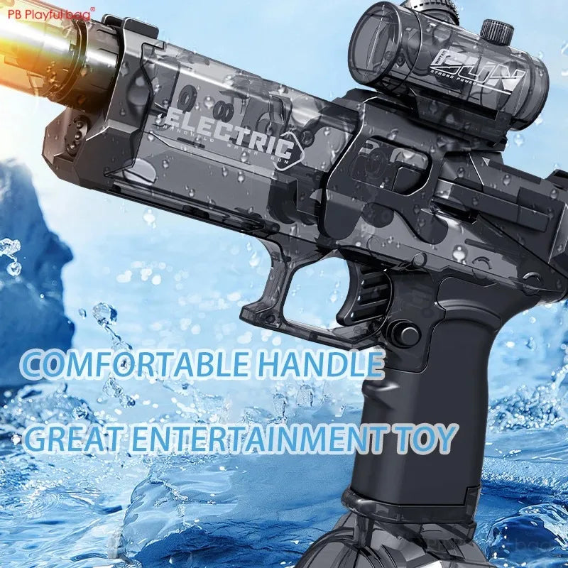 Pistola de agua automática resistente con diseño moderno y luces LED, lista para diversión infantil.