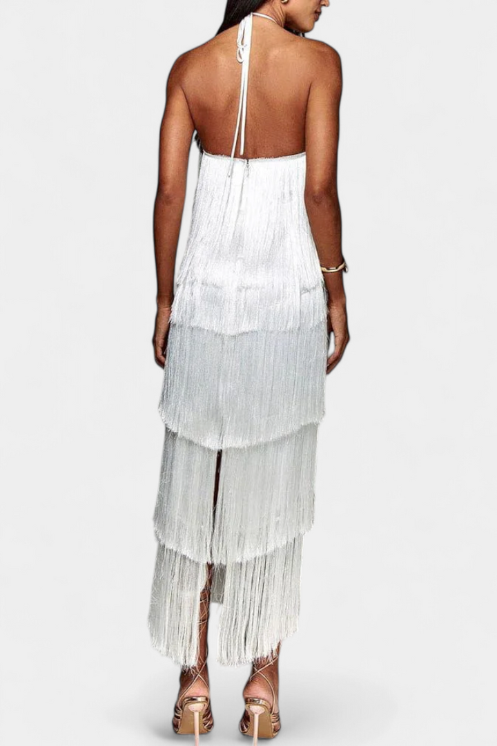Vestido sexy de mujer con flecos vibrantes y espalda abierta, estilo halter, ideal para noche y gala.