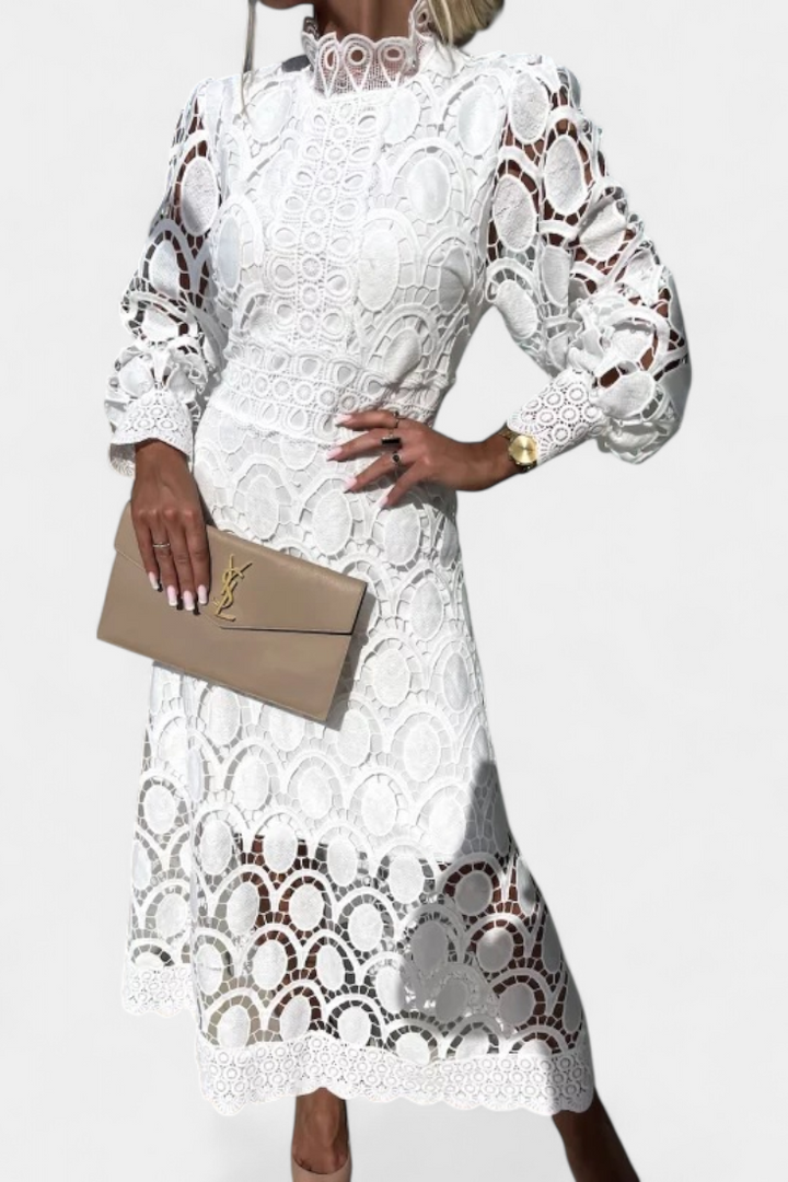 Vestido elegante de mujer, corte midi, cuello alto y mangas abullonadas. Ideal para celebraciones y cócteles.