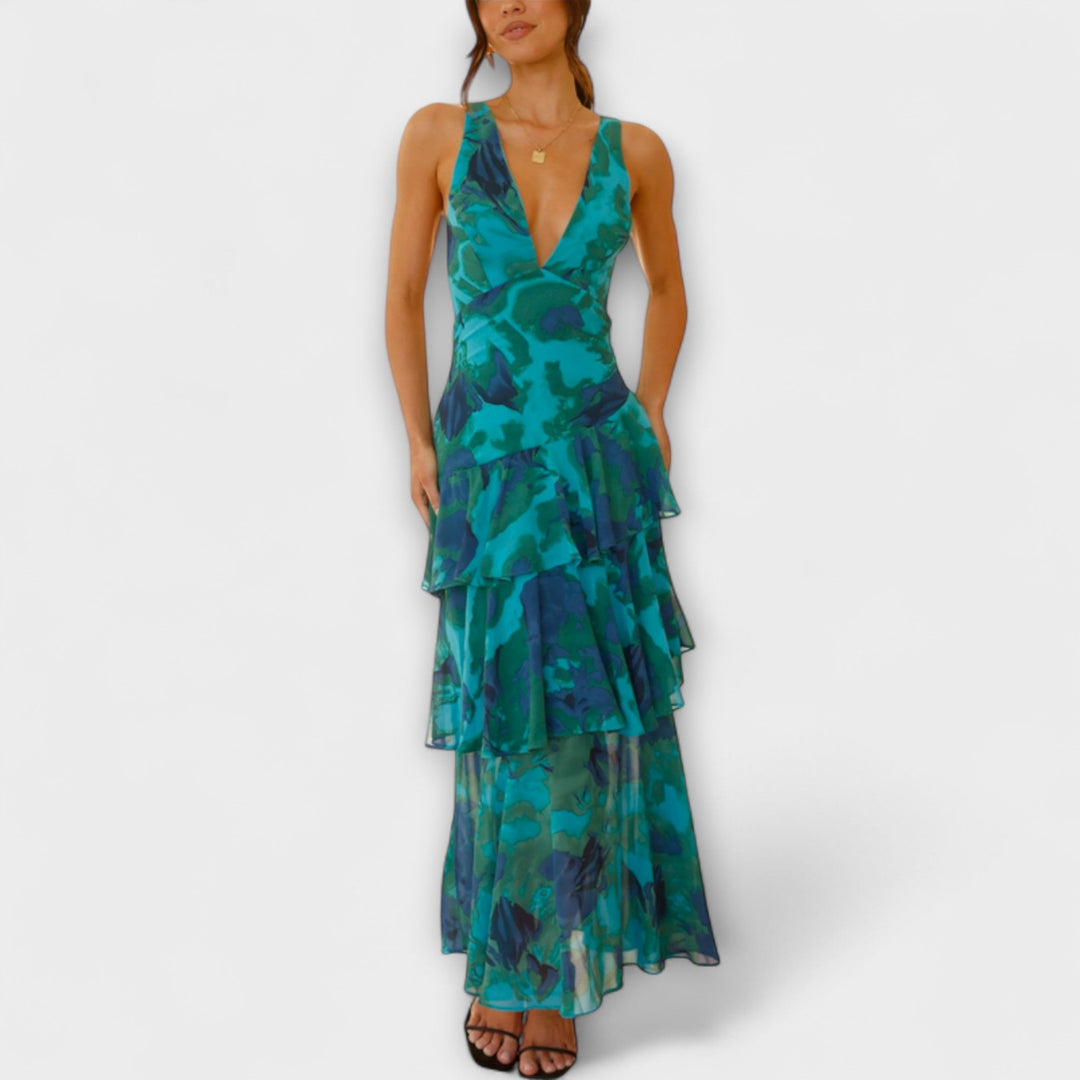 Vestido maxi de verano para mujer con escote V profundo, ideal para playa y look casual.