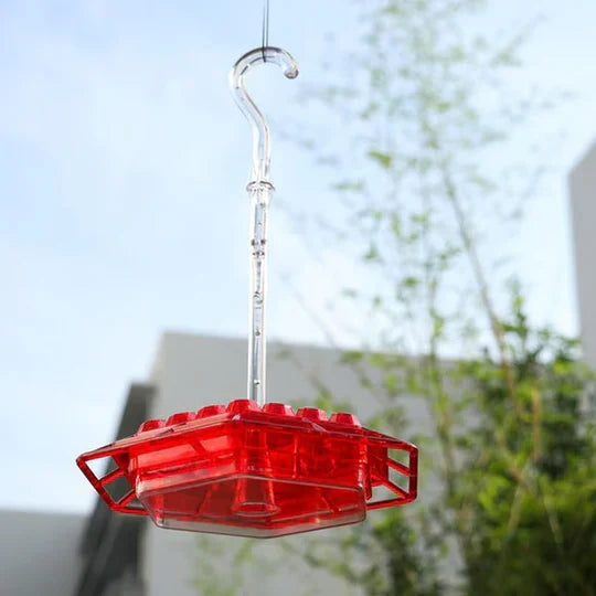 Alimentador de néctar para colibríes con posadero, atrae aves al jardín y protege de insectos.