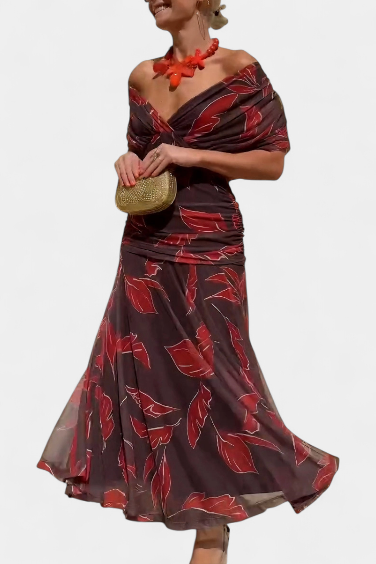 Vestido largo floral de fantasía, escote en V, cintura plisada. Vestido para mujeres de moda.
