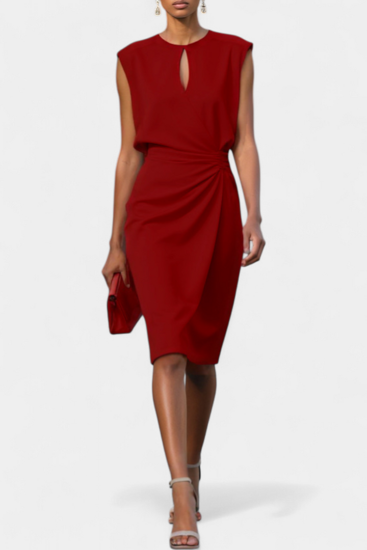 Vestido midi Mona azul de manga larga, ideal para elegancia femenina y estilo de oficina. Cuello redondo.