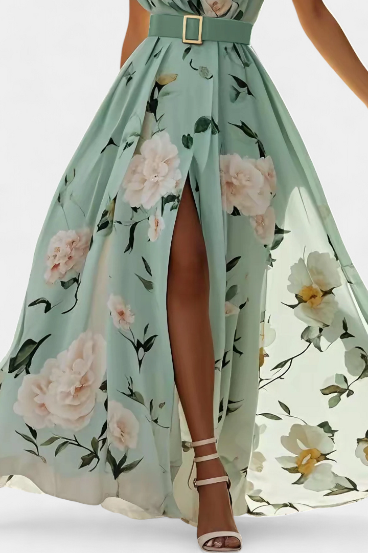 Vestido de fiesta floral azul para mujer, con volantes, abertura lateral y diseño elegante de verano.