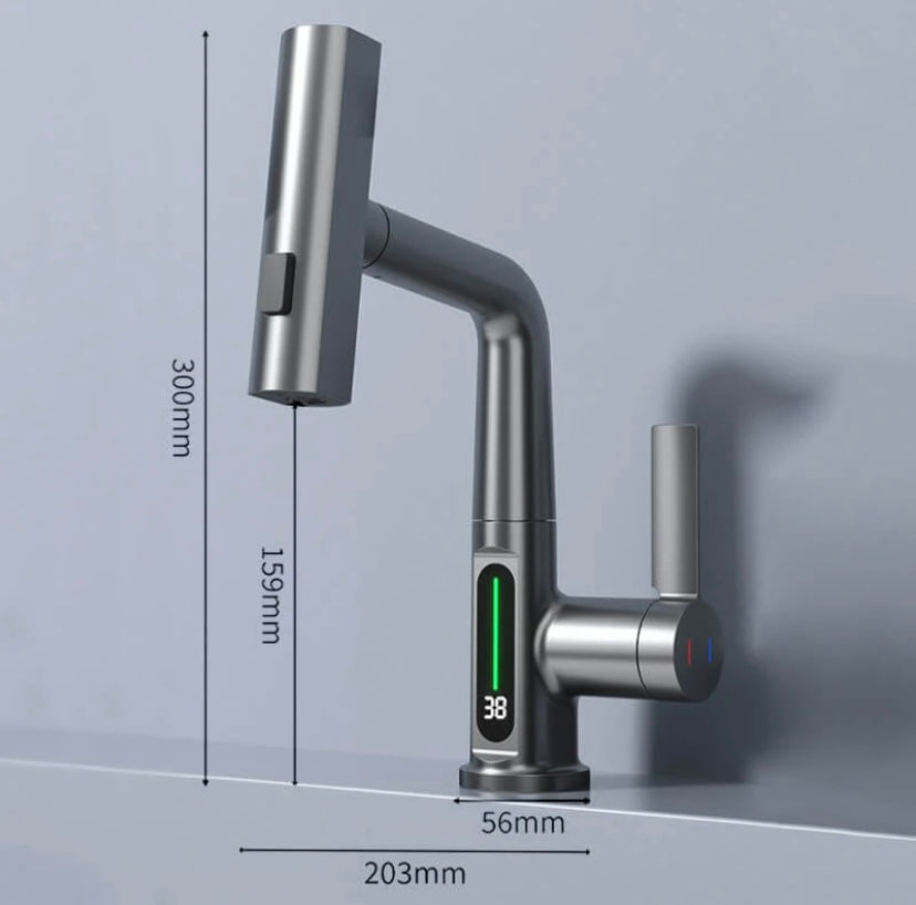 Grifo de cocina con rociador, temperatura LED, y diseño extraíble para mayor comodidad.