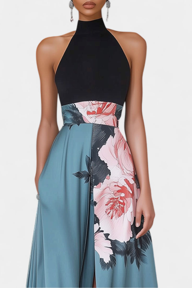 Vestido de moda para mujeres, estilo casual elegante con falda floral y contraste. Ideal para fiestas y eventos de verano.