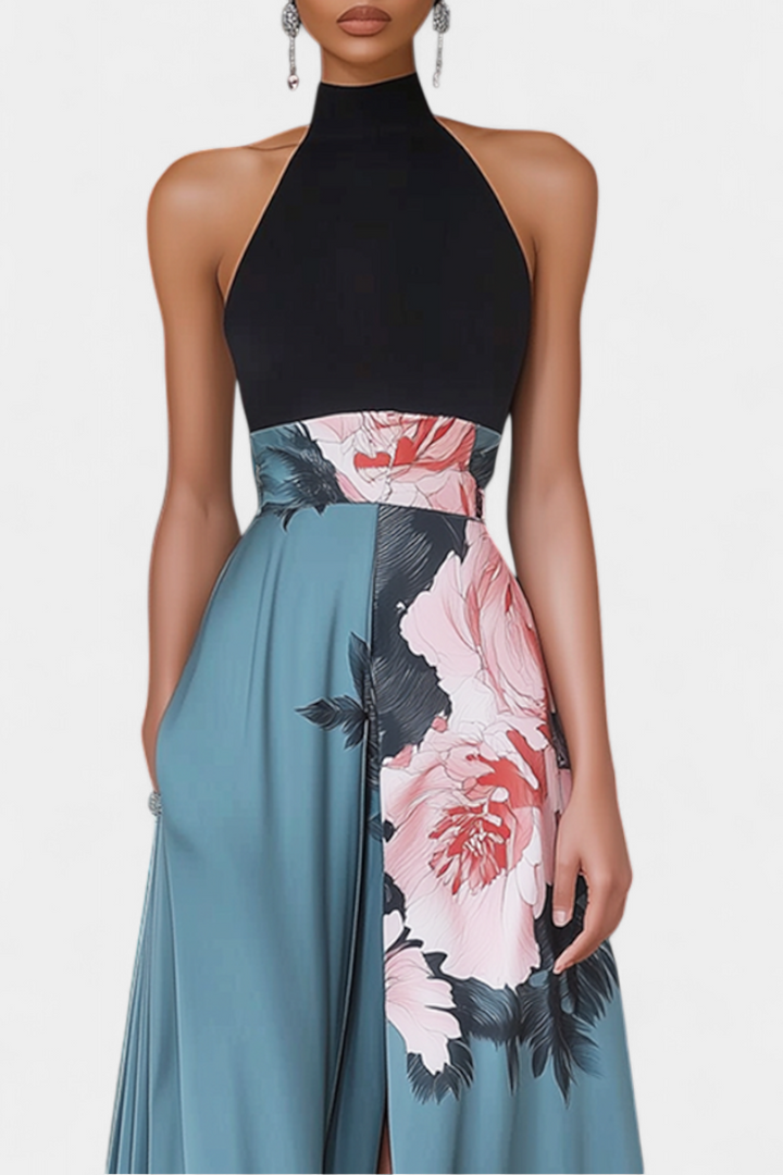Vestido de moda para mujeres, estilo casual elegante con falda floral y contraste. Ideal para fiestas y eventos de verano.