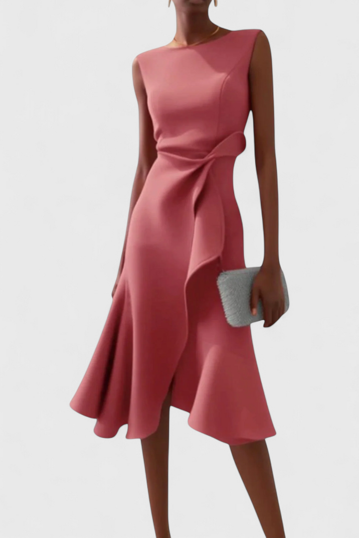 Vestido midi asimétrico de fiesta para mujer, diseño elegante y moderno con drapeado.