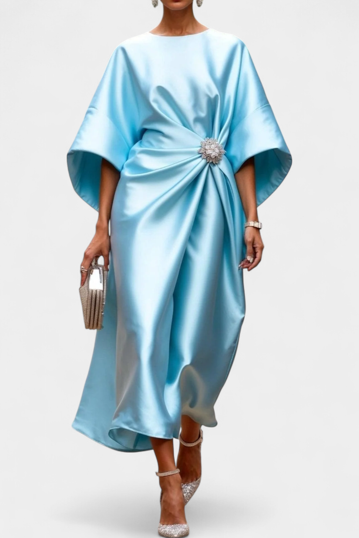 Vestido de fiesta largo para mujer con escote barco y silueta en A. Perfecto para bodas y eventos formales.