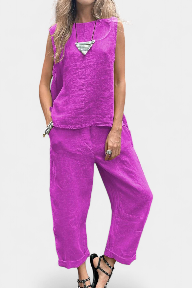 Conjunto Leona de lino y algodón: chaleco y pantalón para mujer. Outfit casual elegante, transpirable de verano.