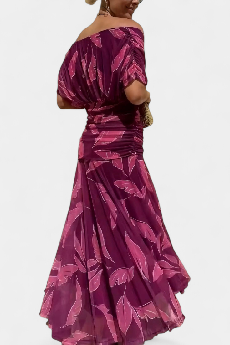 Moda femenina: Vestido floral, largo, escote V. Elegante, cintura plisada. Vestido de noche y fiesta.