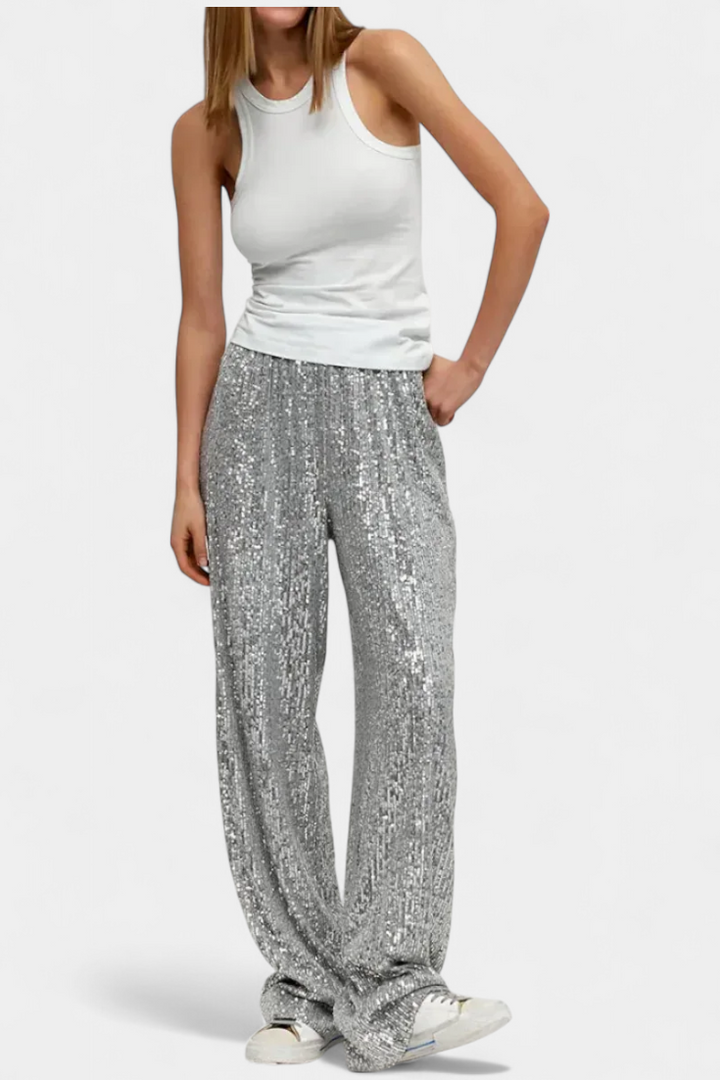 Pantalones de lentejuelas Elva de cintura alta para mujer, ideales para fiesta y noche elegante.