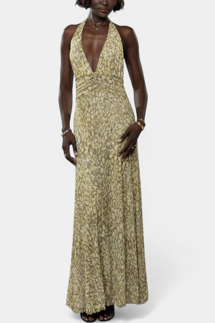 Vestido casual maxi de lunares con escote halter fruncido, estilo bohemio para mujer, moda veraniega.