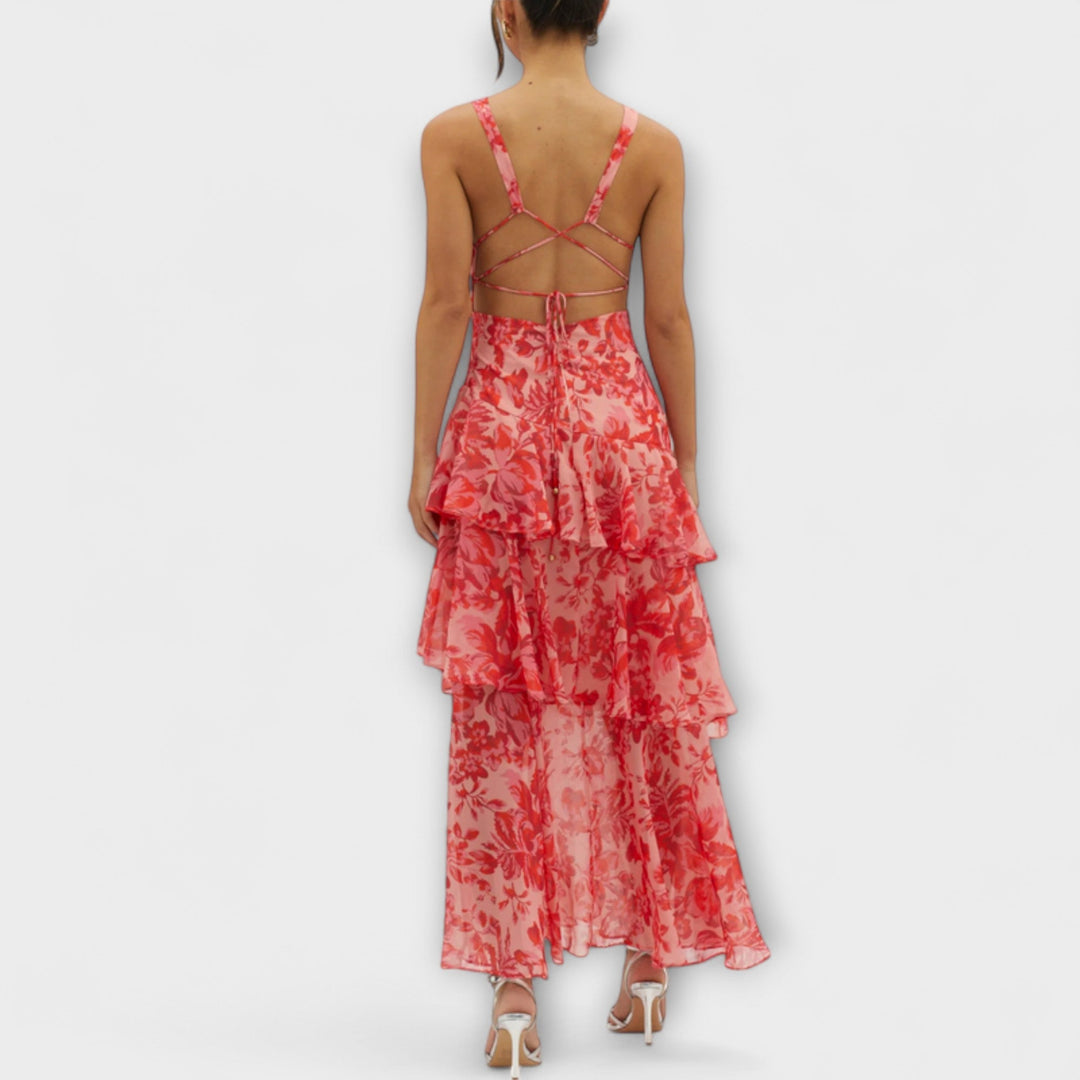 Vestido maxi de moda veraniega para mujer, cuello en V profundo, ideal para confort y estilo.