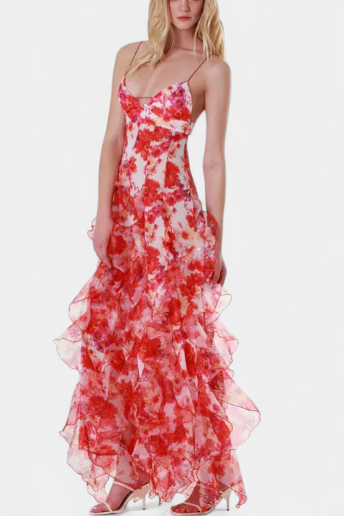 Vestido maxi para mujer con estampado floral, volantes y cortes laterales sofisticados, ideal para eventos.
