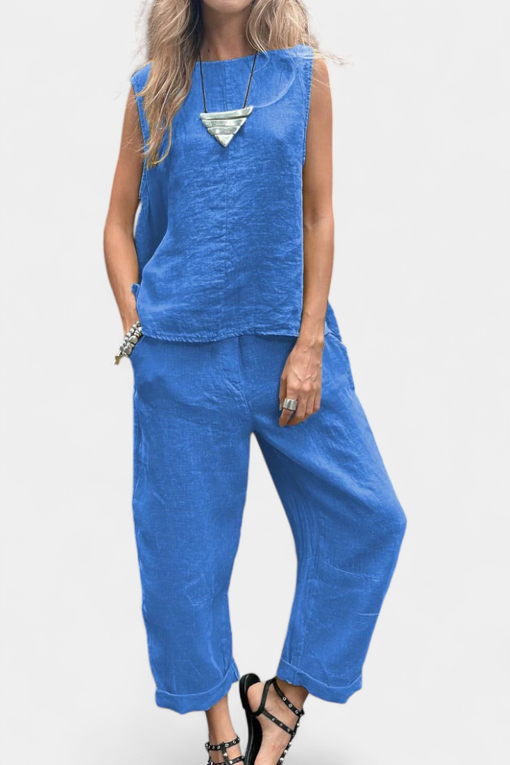 Conjunto de verano Leona para mujer, chaleco y pantalón de lino transpirable. Estilo casual y chic.