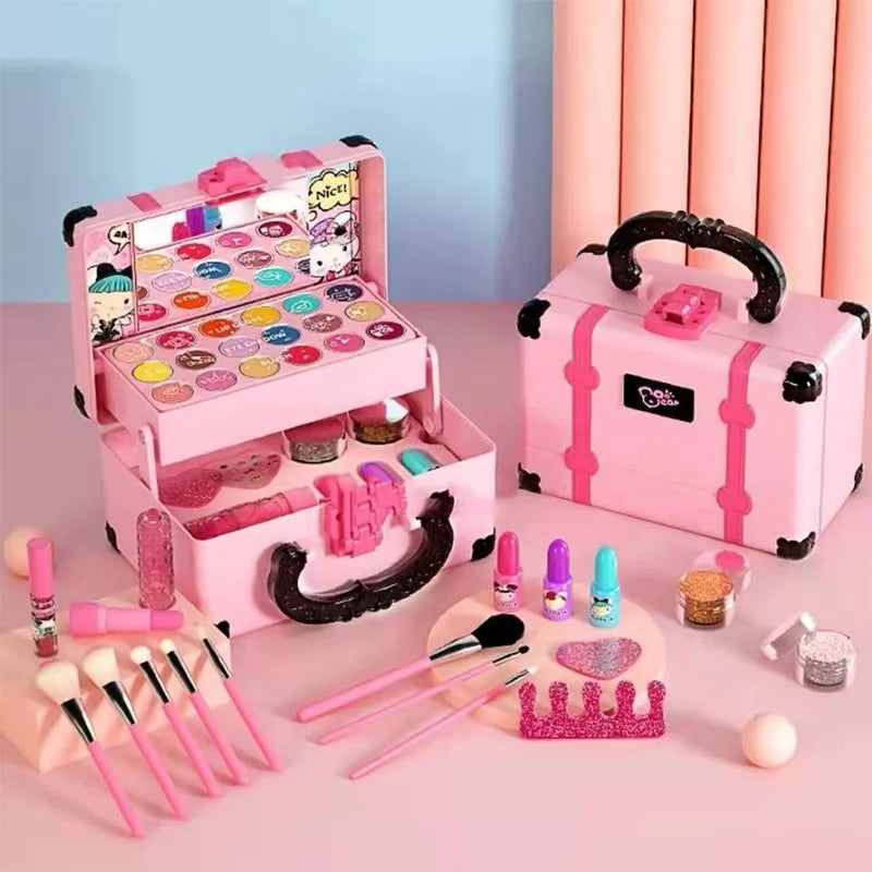 Set de maquillaje infantil completo y seguro para niñas, con sombras, labiales y brochas no tóxicas.