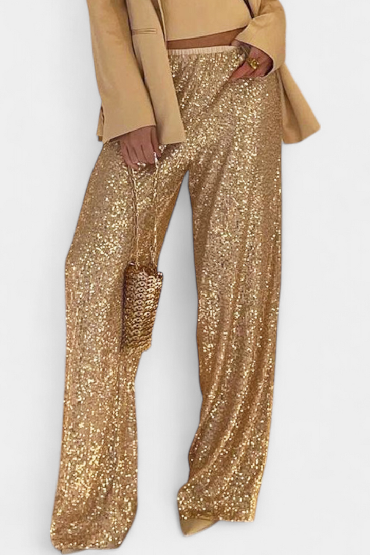 Pantalones de lentejuelas Elva para mujer, con detalle de cintura alta y brillo perfecto para celebraciones.