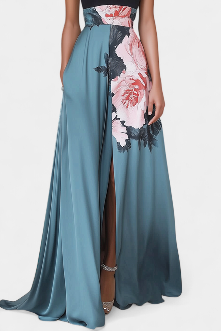 Vestido de fiesta floral sin mangas para mujer. Diseño elegante con contraste, ideal para eventos de primavera y verano.