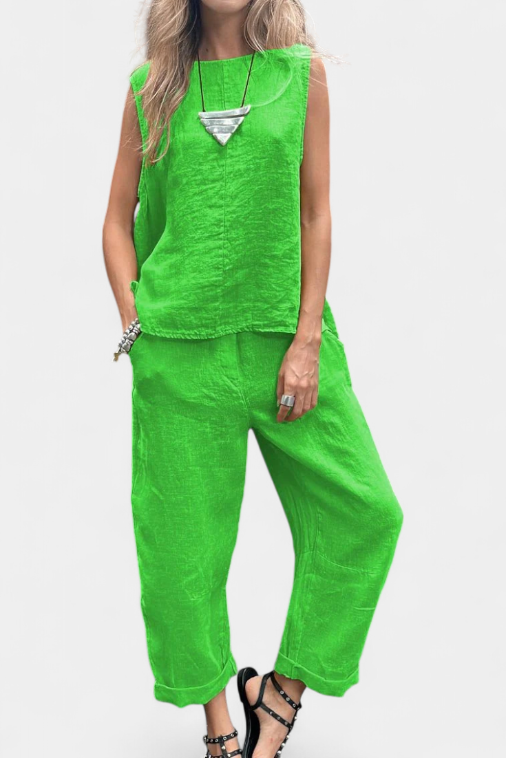 Outfit versátil de lino Leona: chaleco y pantalón para mujer. Casual elegante, transpirable, ideal verano.