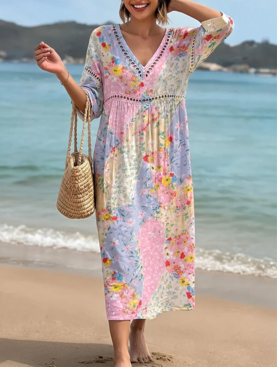 Elegante vestido floral fluido con estampado veraniego. Manga media, bohemio y transpirable para mujer.
