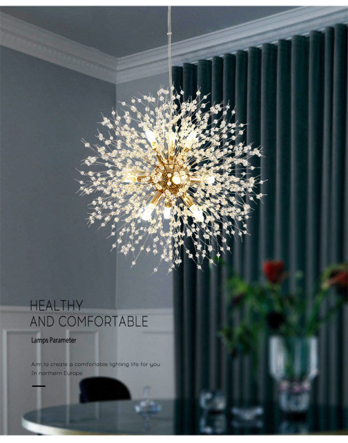 Lámpara de techo moderna colgante de cristal con forma de diente de león. Decoración sofisticada.