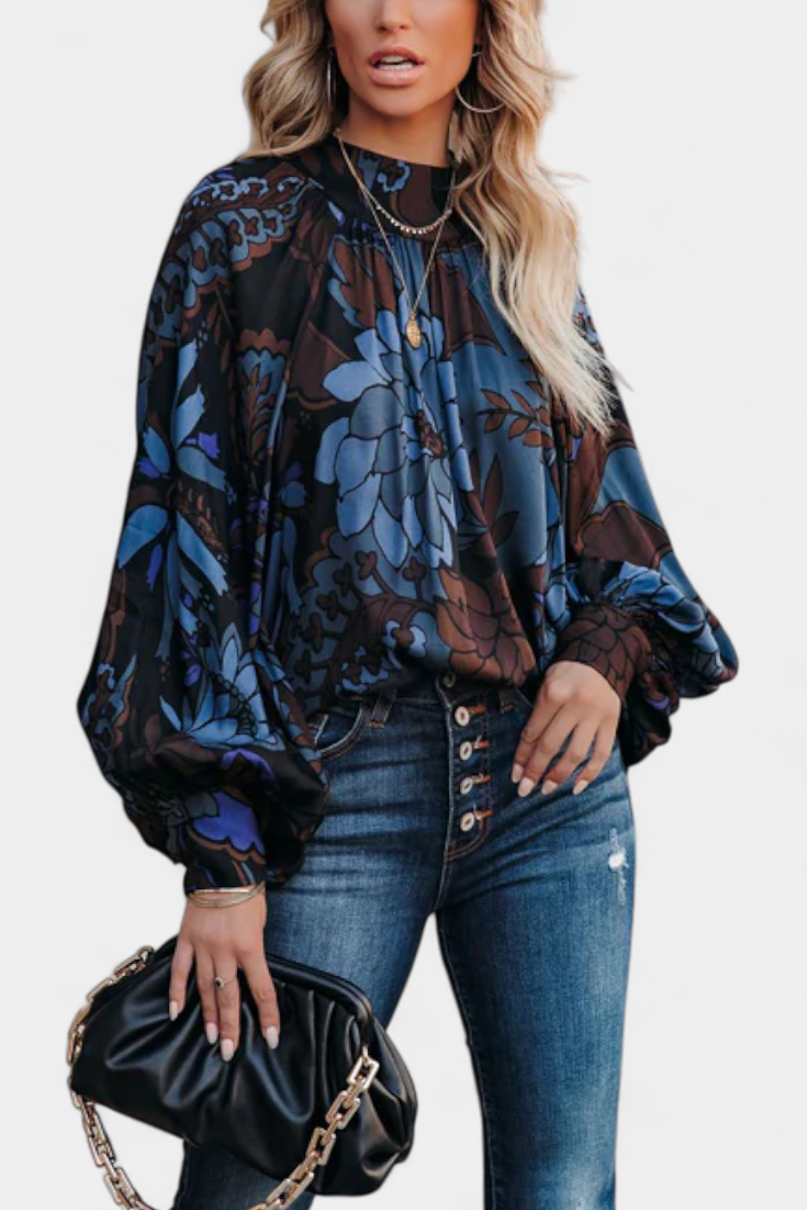 Blusa elegante de manga larga para mujer, estampada. Ideal para oficina, casual, otoño o primavera.
