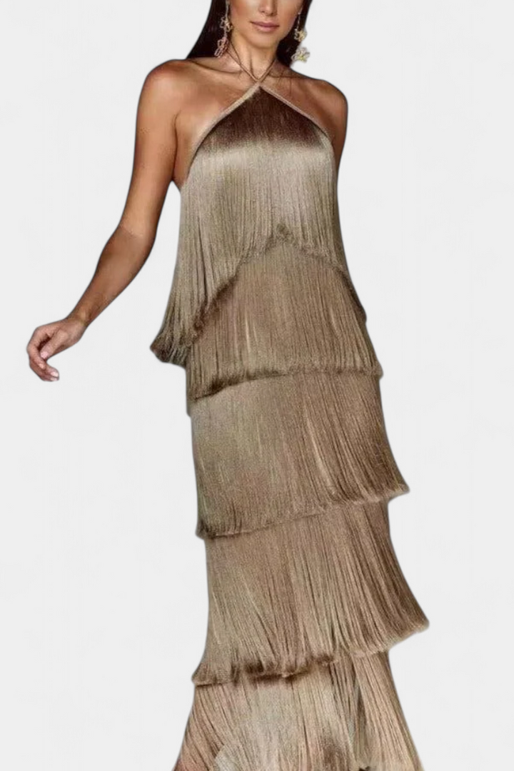 Vestido de noche halter para mujer, con flecos decorativos y espalda descubierta, moda sexy de verano.