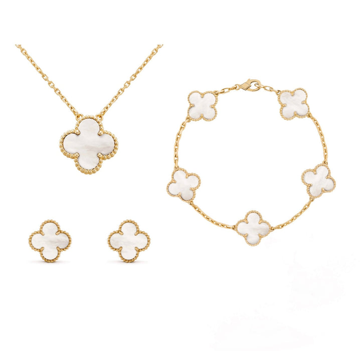 Conjunto de joyería mujer: collar, pulsera y pendientes trébol baño oro 18k. Acero inoxidable hipoalergénico.