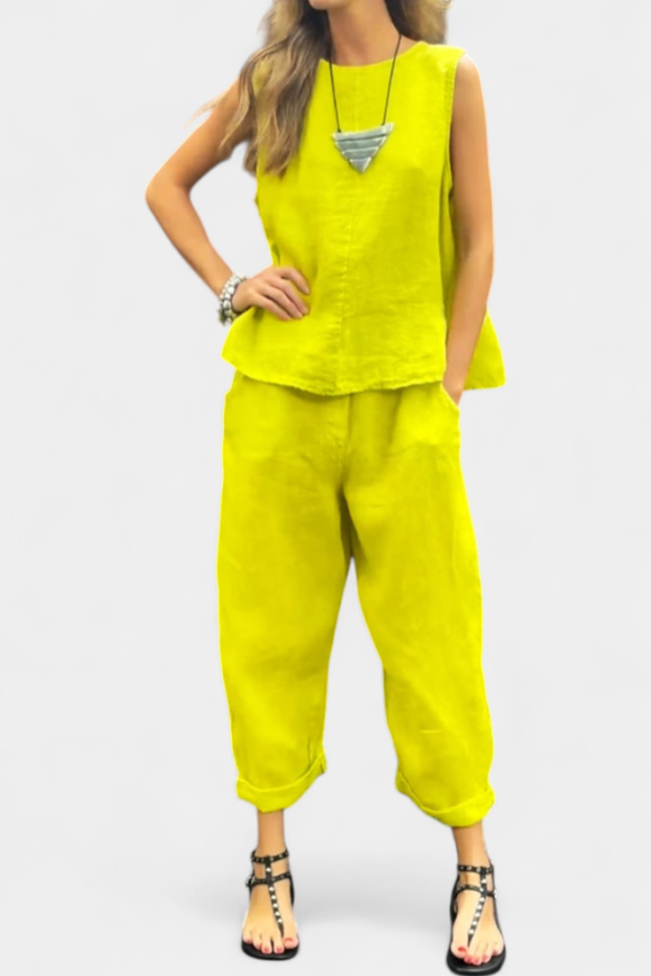 Chaleco de lino sin mangas para mujer, parte del conjunto casual, diseño elegante y versátil para verano.