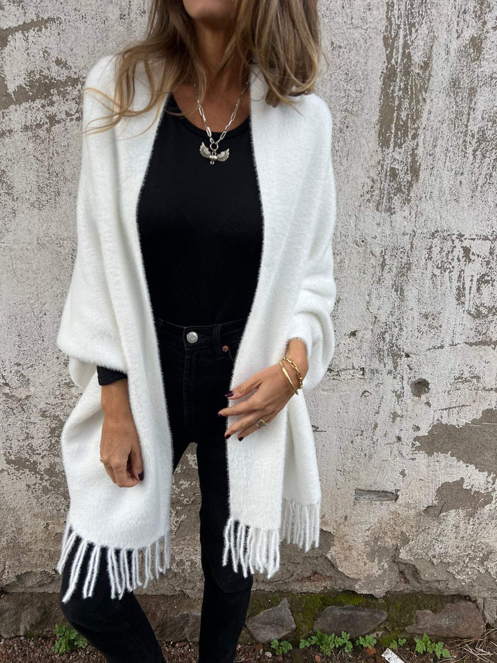 Abrigo elegante MILA de otoño/invierno con flecos, moda casual sofisticada para mujer.