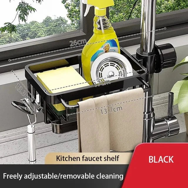 Estante de aluminio resistente para fregadero, almacena jabón, estropajos y accesorios de limpieza de cocina.