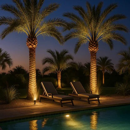Foco LED solar impermeable para exterior, iluminación resistente en jardín. Ideal para terraza.